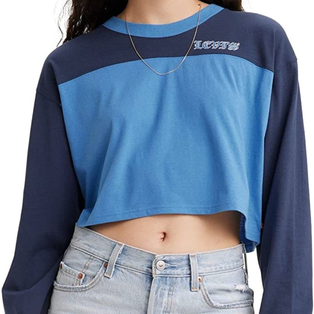 Levi's Women's Crop Football Tee Varsity Vallarta Blue Graphic Large